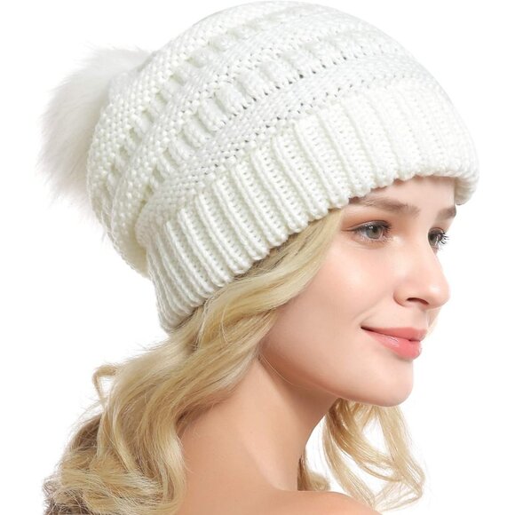 Women White Soft Acrylic Thick Baggy Knit Winter Faux Fur Pompom Beanie - Picture 4 of 6